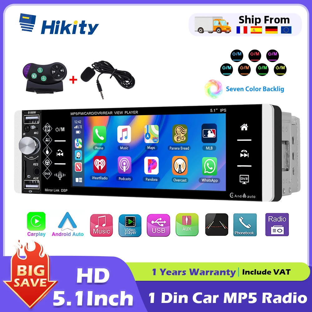 Hikity Carplay 5.1 ''HD 1 Din autoradio lecteur MP5 avec Bluetooth récepteur Radio FM Support TF/USB FM AM RDS USB lien miroir