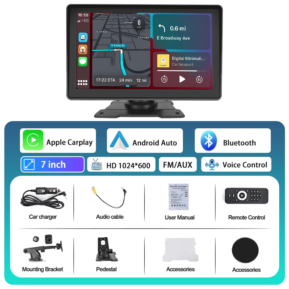 Hikity-Lecteur MP5 sans fil universel pour voiture, écran Carplay, radio FM, récepteur, prise en charge de la capture d'écran de vue arrière, Android Auto, 7 pouces