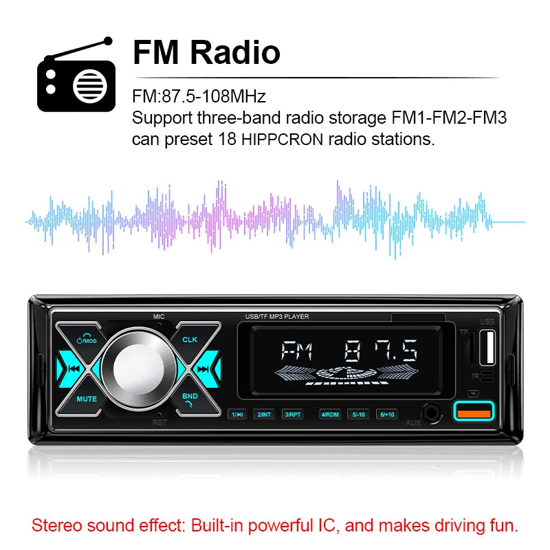 Autoradio Voiture 1 din Radio Audio stéréo lecteur MP3 Bluetooth multimédia stéréo numérique pour voiture universel coloré avec entrée Aux USB