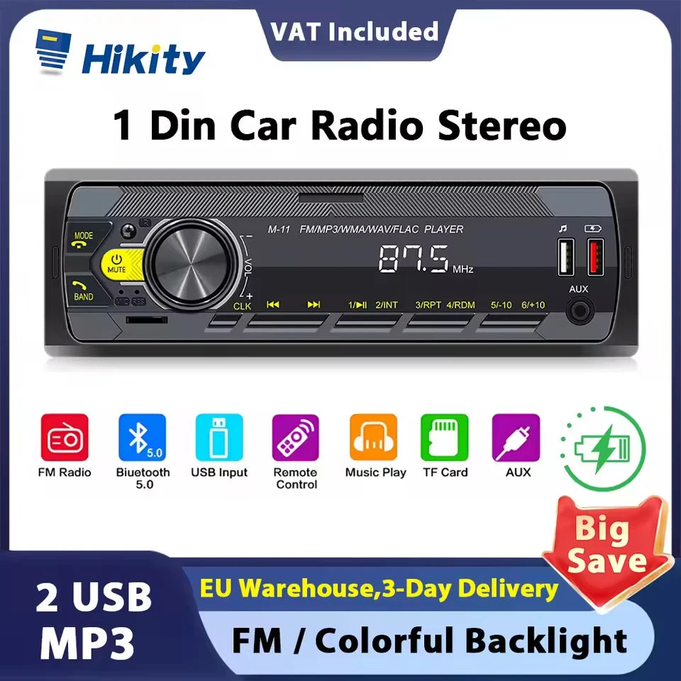 Hikity-Lecteur MP3 de voiture universel 1DIN, Bluetooth Radio Stéréo Push to Talk Assistant Mains AM/FM Radio Support USB/SD/AUX-IN