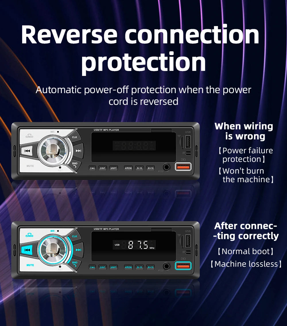 Autoradio universel lecteur MP3 FM/BT/AUX/USB/TF/téléphone portable charge 7 couleurs lumières câblage Protection voiture Audio