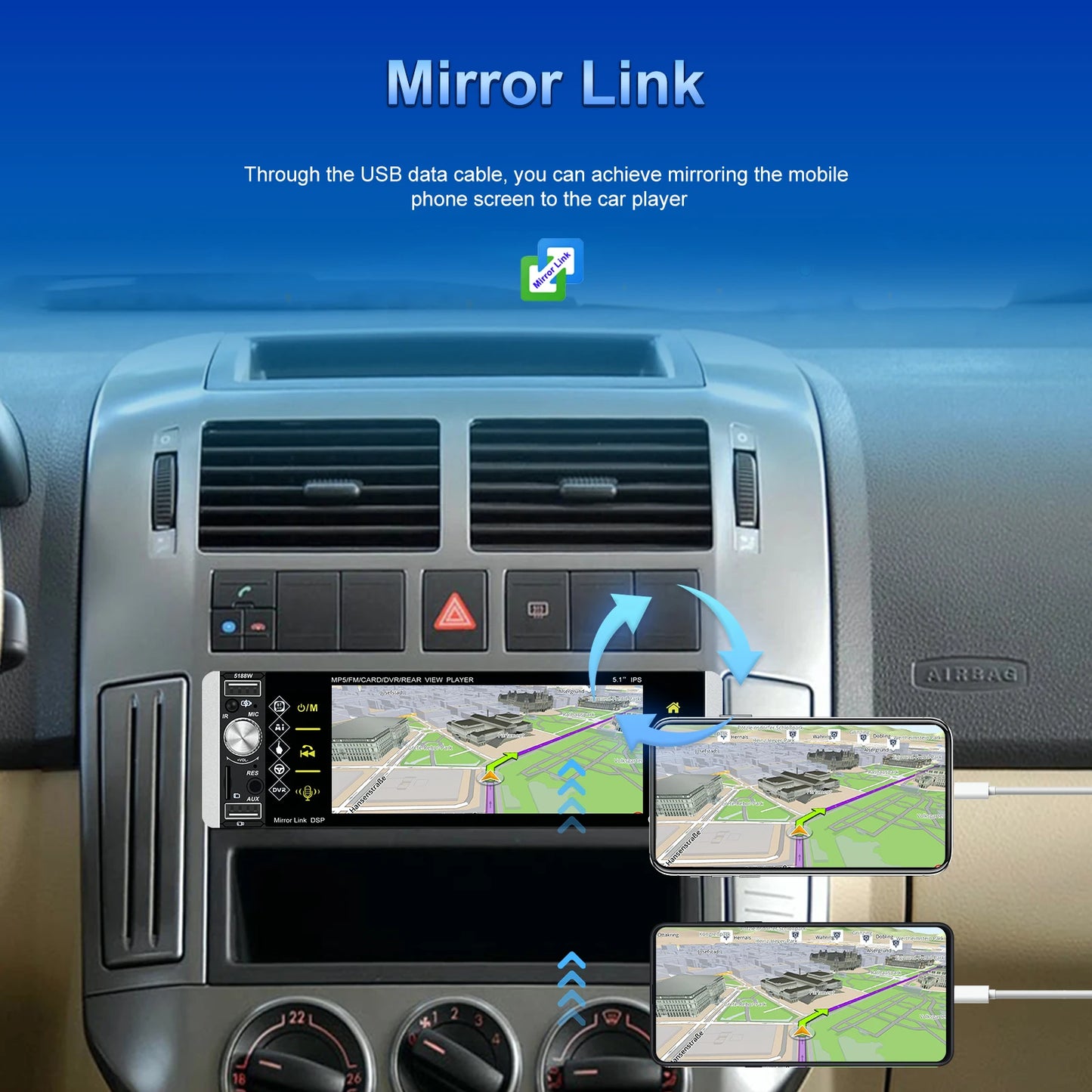 Hikity Carplay 5.1 ''HD 1 Din autoradio lecteur MP5 avec Bluetooth récepteur Radio FM Support TF/USB FM AM RDS USB lien miroir