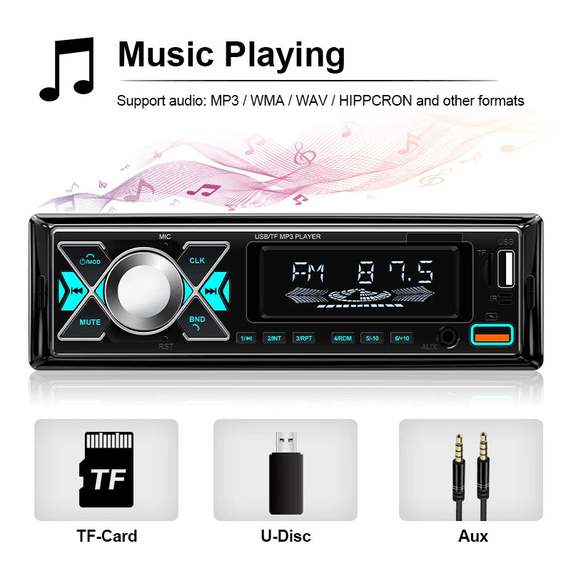 Autoradio Voiture 1 din Radio Audio stéréo lecteur MP3 Bluetooth multimédia stéréo numérique pour voiture universel coloré avec entrée Aux USB