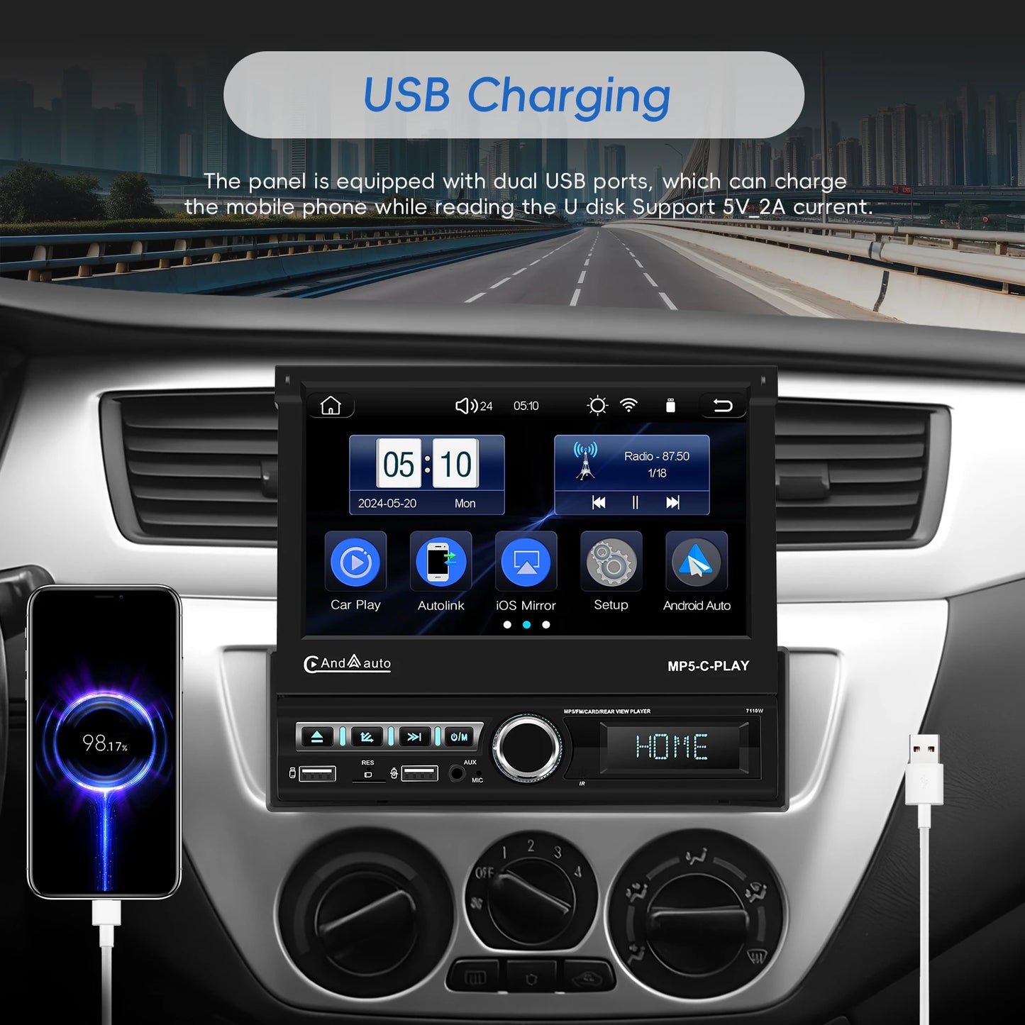 Hikity 7 "écran rétractable motorisé 1DIN Android autoradio lecteur multimédia double Port USB Carplay 1din Autoradio FM