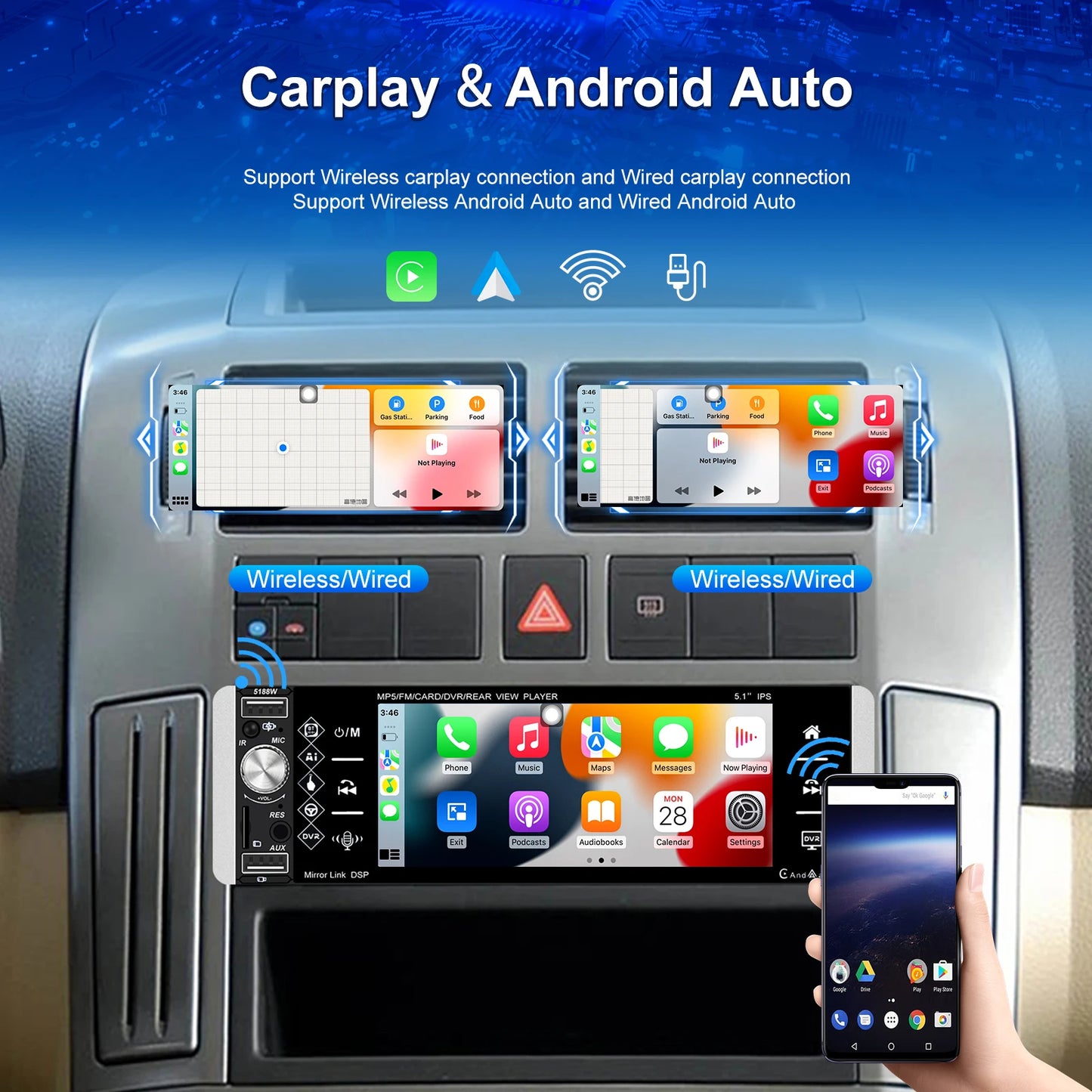 Hikity Carplay 5.1 ''HD 1 Din autoradio lecteur MP5 avec Bluetooth récepteur Radio FM Support TF/USB FM AM RDS USB lien miroir