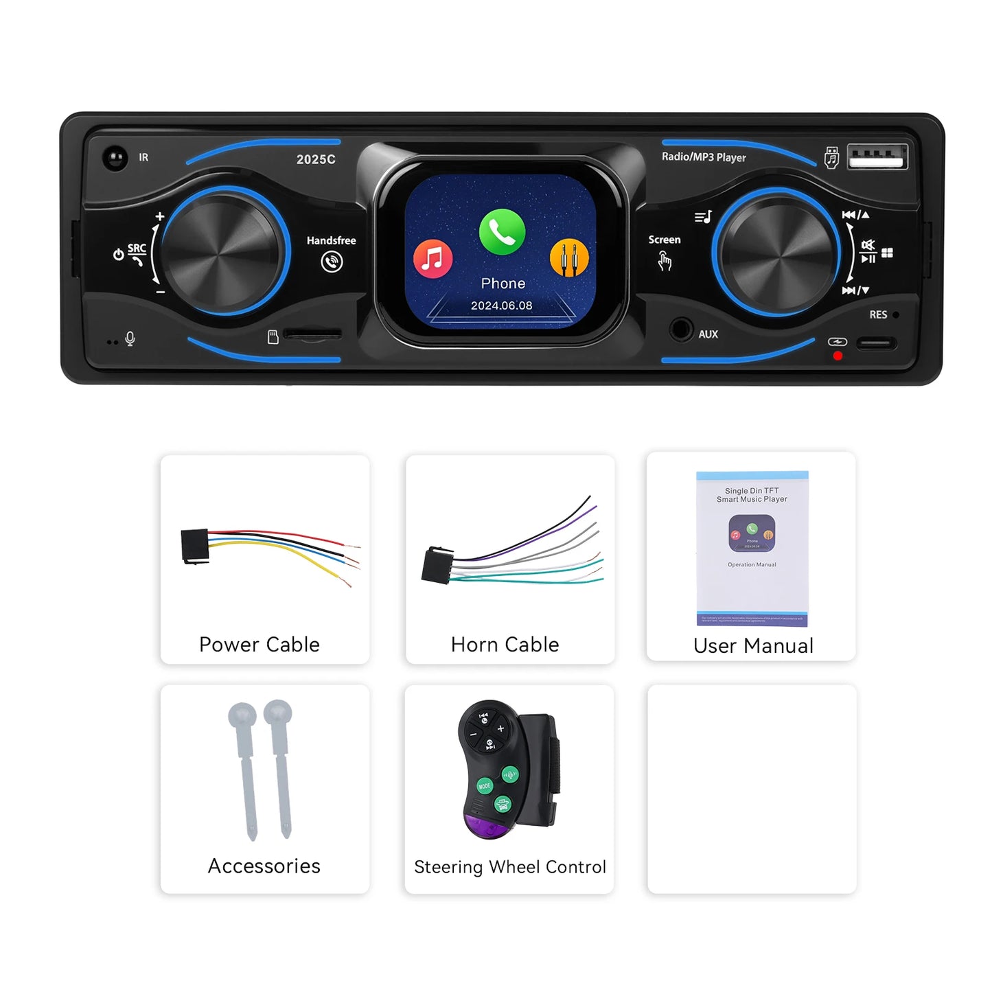 Hikity 2.17 ''1Din lecteur MP3 Bluetooth lecteur multimédia ISO RGB LED éclairage EQ type-c USB volant contrôle voiture stéréo