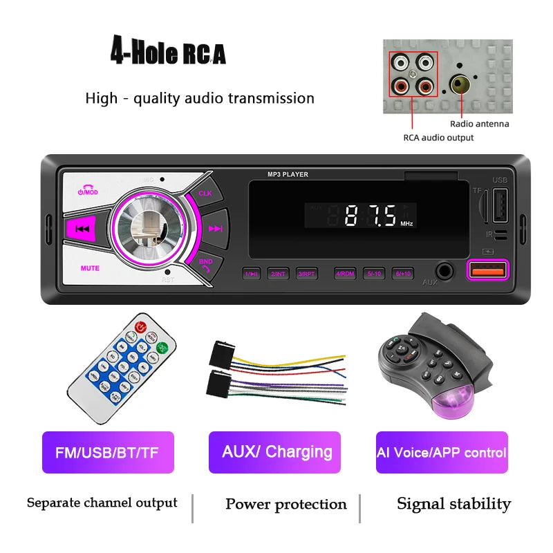 Autoradio universel lecteur MP3 FM/BT/AUX/USB/TF/téléphone portable charge 7 couleurs lumières câblage Protection voiture Audio
