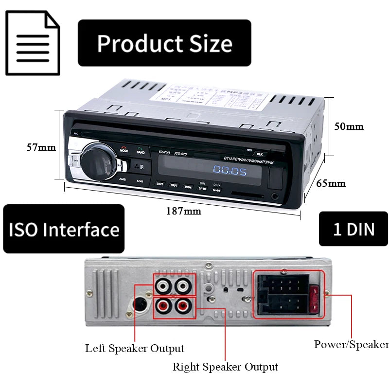 Autoradio Hippcron 1din stéréo multimédia lecteur MP3 numérique Bluetooth FM Audio musique USB avec entrée AUX dans le tableau de bord