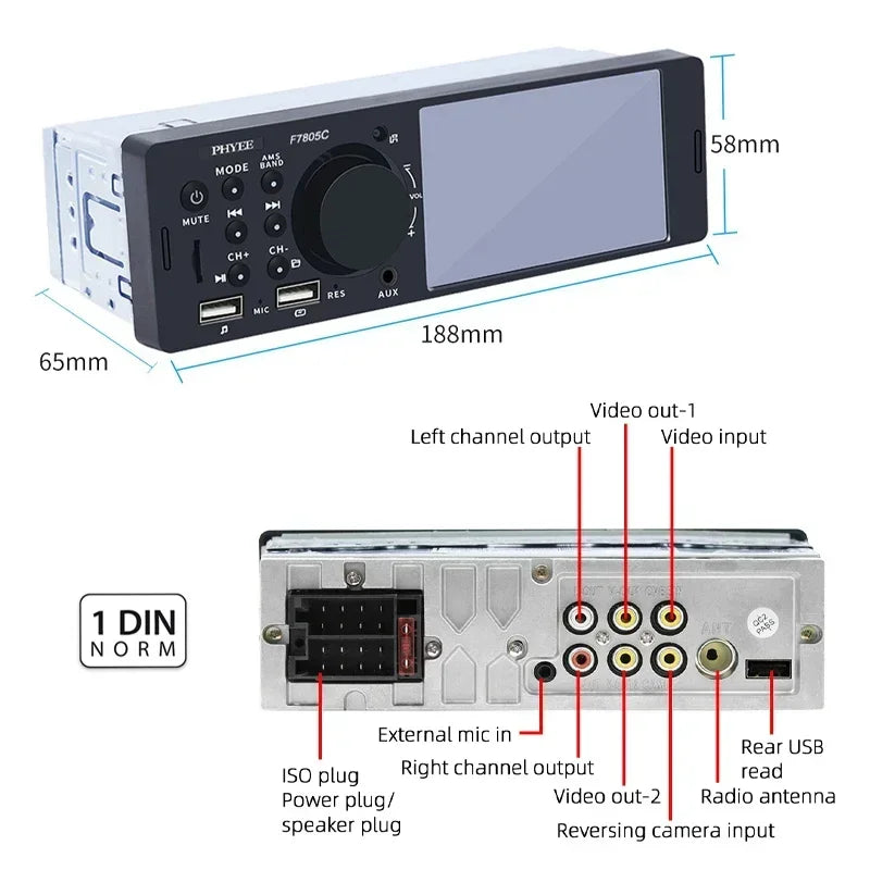 Autoradio CarPlay, Bluetooth, Android Auto, Lecteur MP5, Mains Libres, A2DP, USB, Stéréo, Système Audio, Limitation, Unité Principale, F7805C, 1 Din, 4"