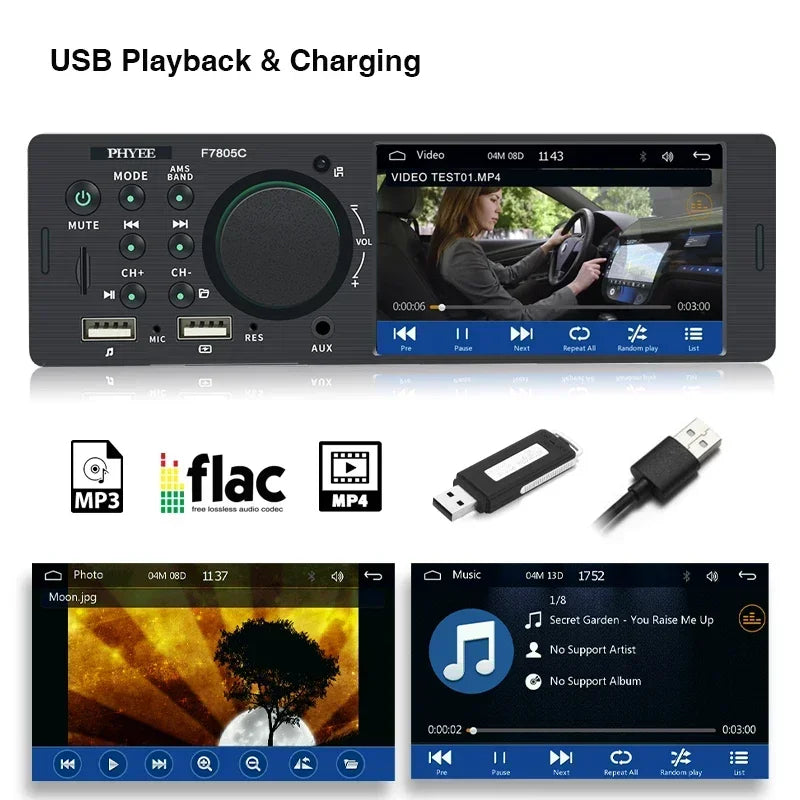 Autoradio CarPlay, Bluetooth, Android Auto, Lecteur MP5, Mains Libres, A2DP, USB, Stéréo, Système Audio, Limitation, Unité Principale, F7805C, 1 Din, 4"