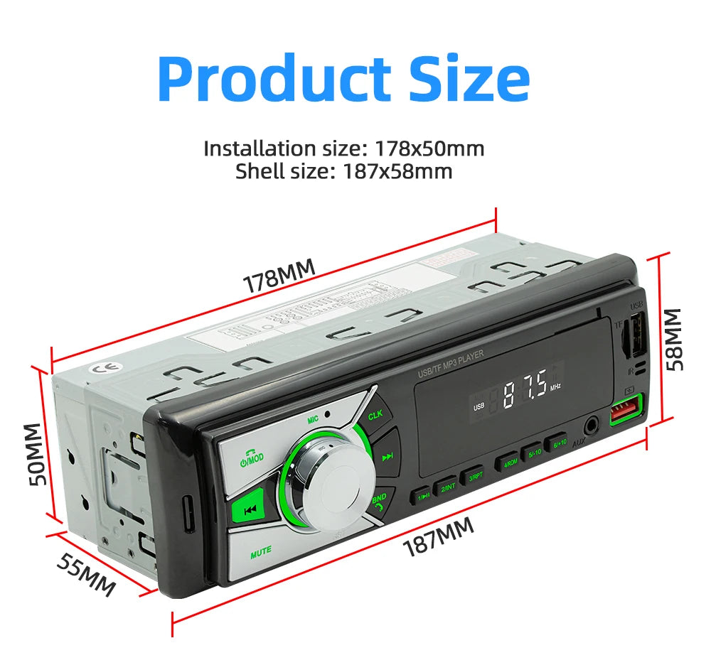 Autoradio universel lecteur MP3 FM/BT/AUX/USB/TF/téléphone portable charge 7 couleurs lumières câblage Protection voiture Audio