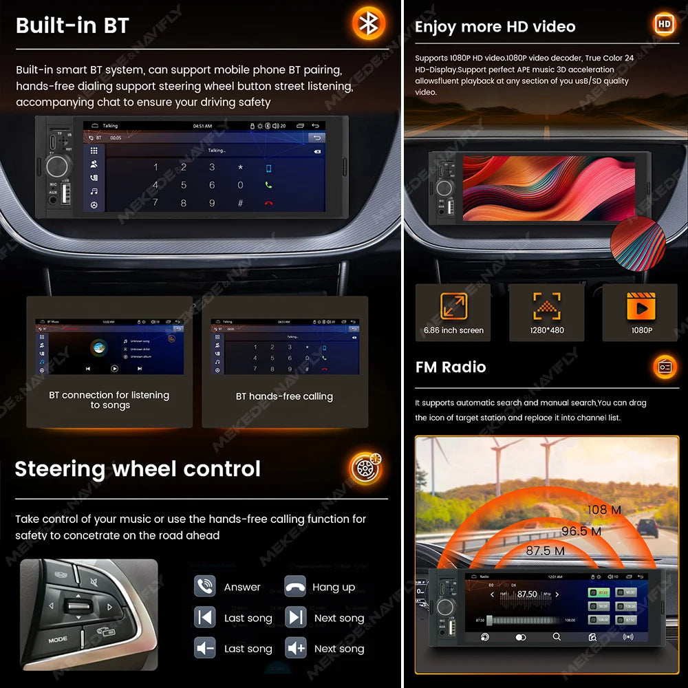 1Din sans fil CarPlay Android AUTO HD écran tactile universel 6.86 ''autoradio FM stéréo MP5 lecteur multimédia BT TF port caméra autoradio bluetooth voiture systèmes intelligents auto