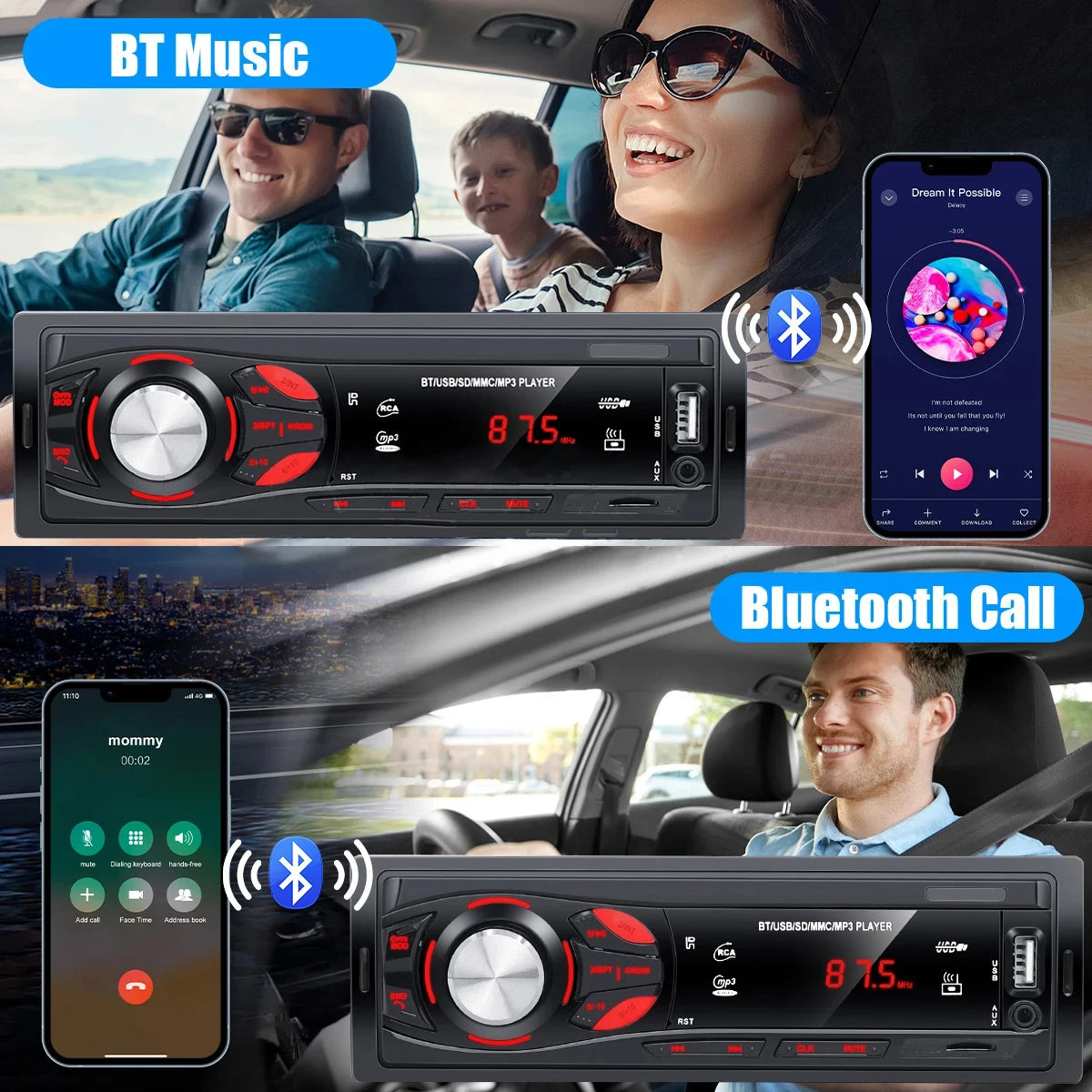 Autoradio PHONEPACE Bluetooth 4x15W voiture Audio FM Radio lecteur MP3 USB/SD/AUX appel mains libres avec télécommande sans fil