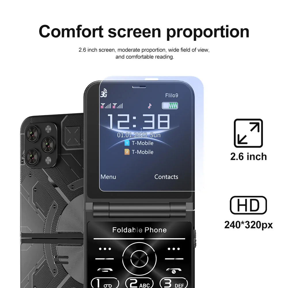 Prix bas Vente SERVO Flilo9 3G Flip téléphone portable 2 carte SIM cadran de vitesse liste noire enregistrement d'appel Radio FM 2.6 pouces téléphone portable pliable MP4