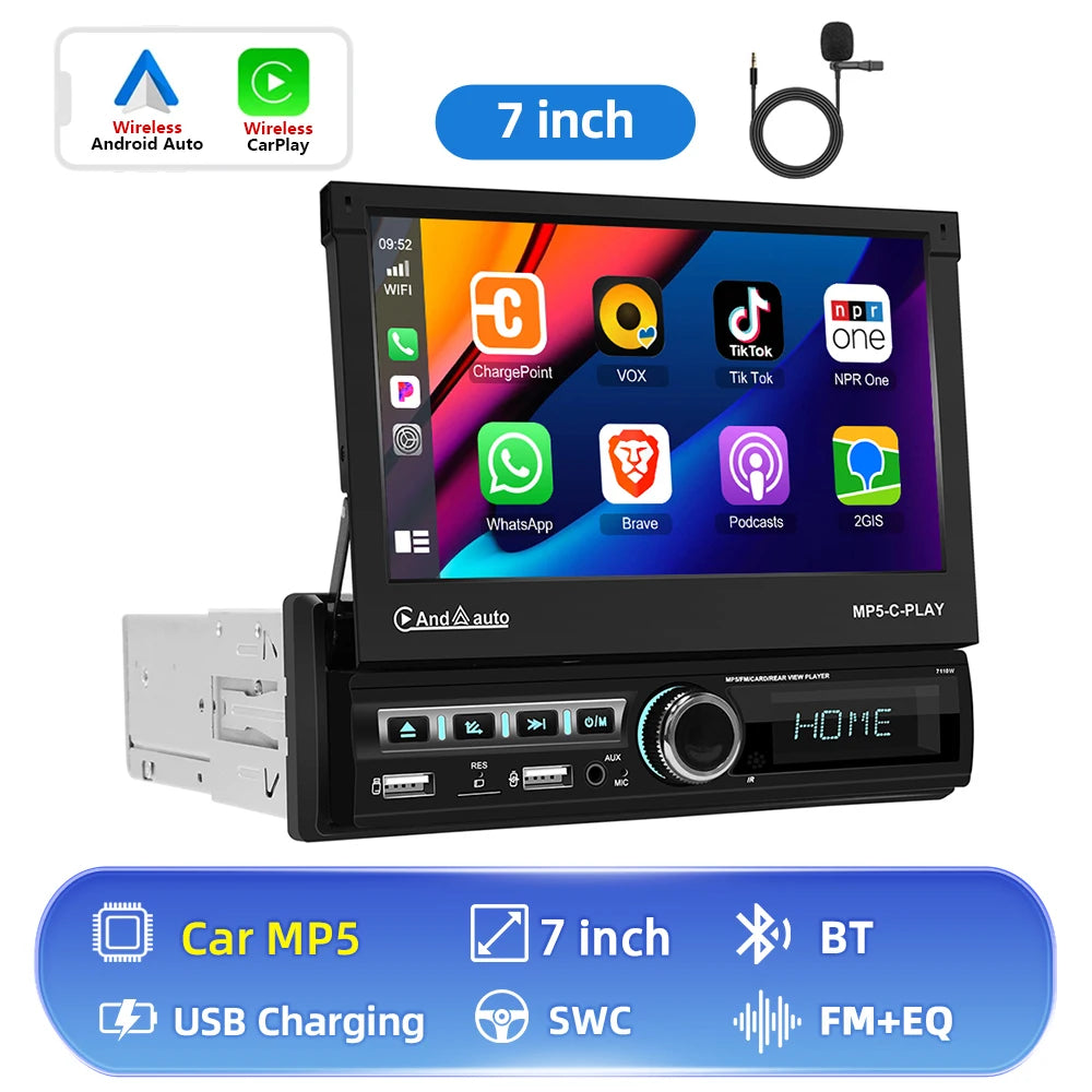 Hikity 7 "écran rétractable motorisé 1DIN Android autoradio lecteur multimédia double Port USB Carplay 1din Autoradio FM