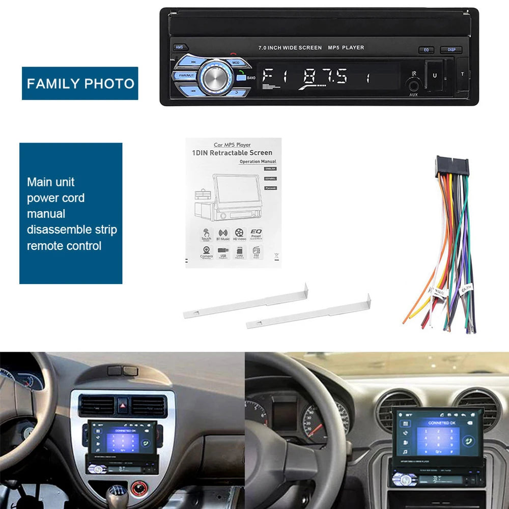 Autoradio avec écran tactile rétractablePodoNuremberg , Bluetooth, FM, USB, EQ, 4 cœurs, 7 ", lecteur MP5, Mirrorexhaus, 1Din