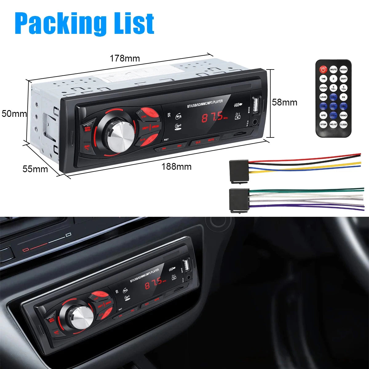 Autoradio PHONEPACE Bluetooth 4x15W voiture Audio FM Radio lecteur MP3 USB/SD/AUX appel mains libres avec télécommande sans fil