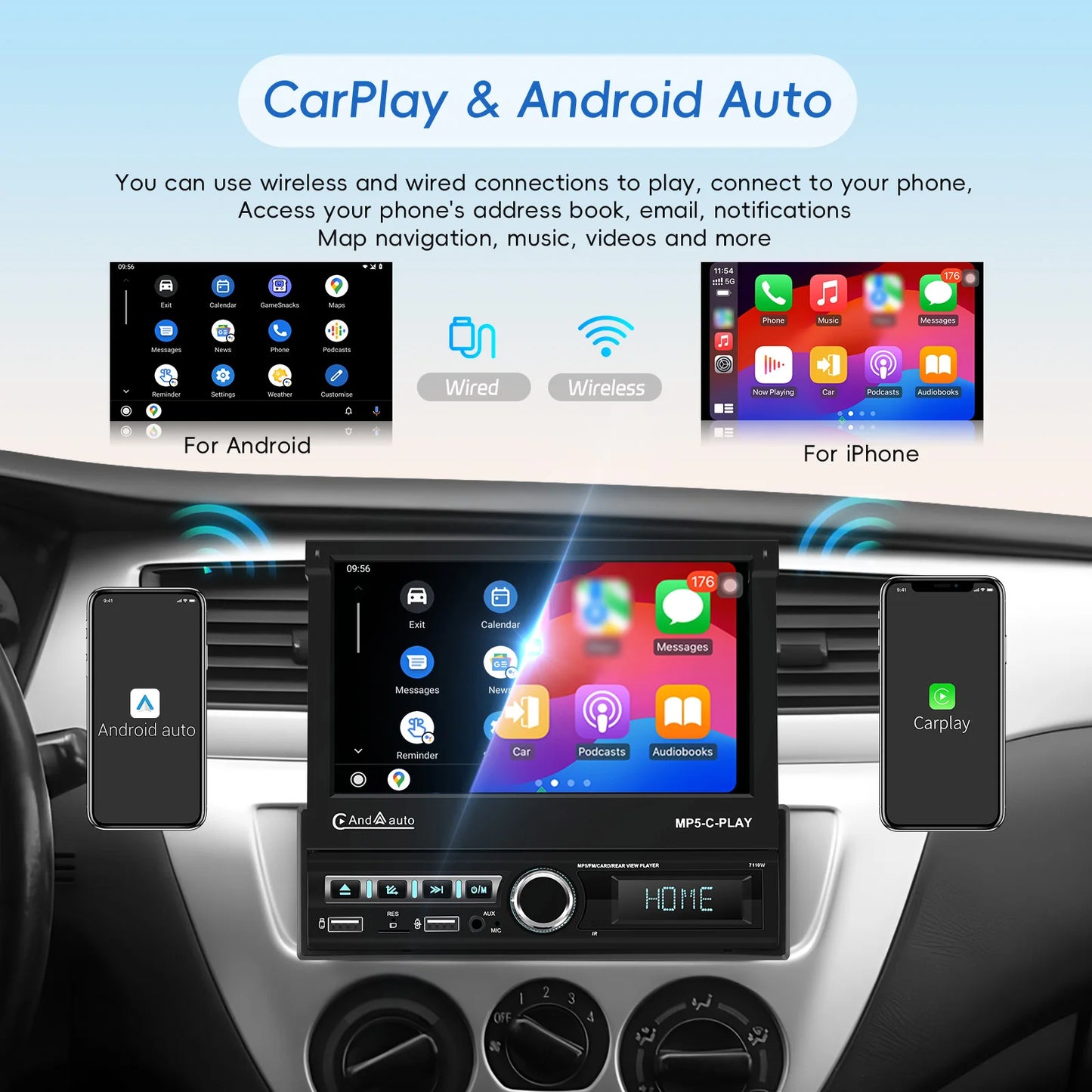 Hikity 7 "écran rétractable motorisé 1DIN Android autoradio lecteur multimédia double Port USB Carplay 1din Autoradio FM