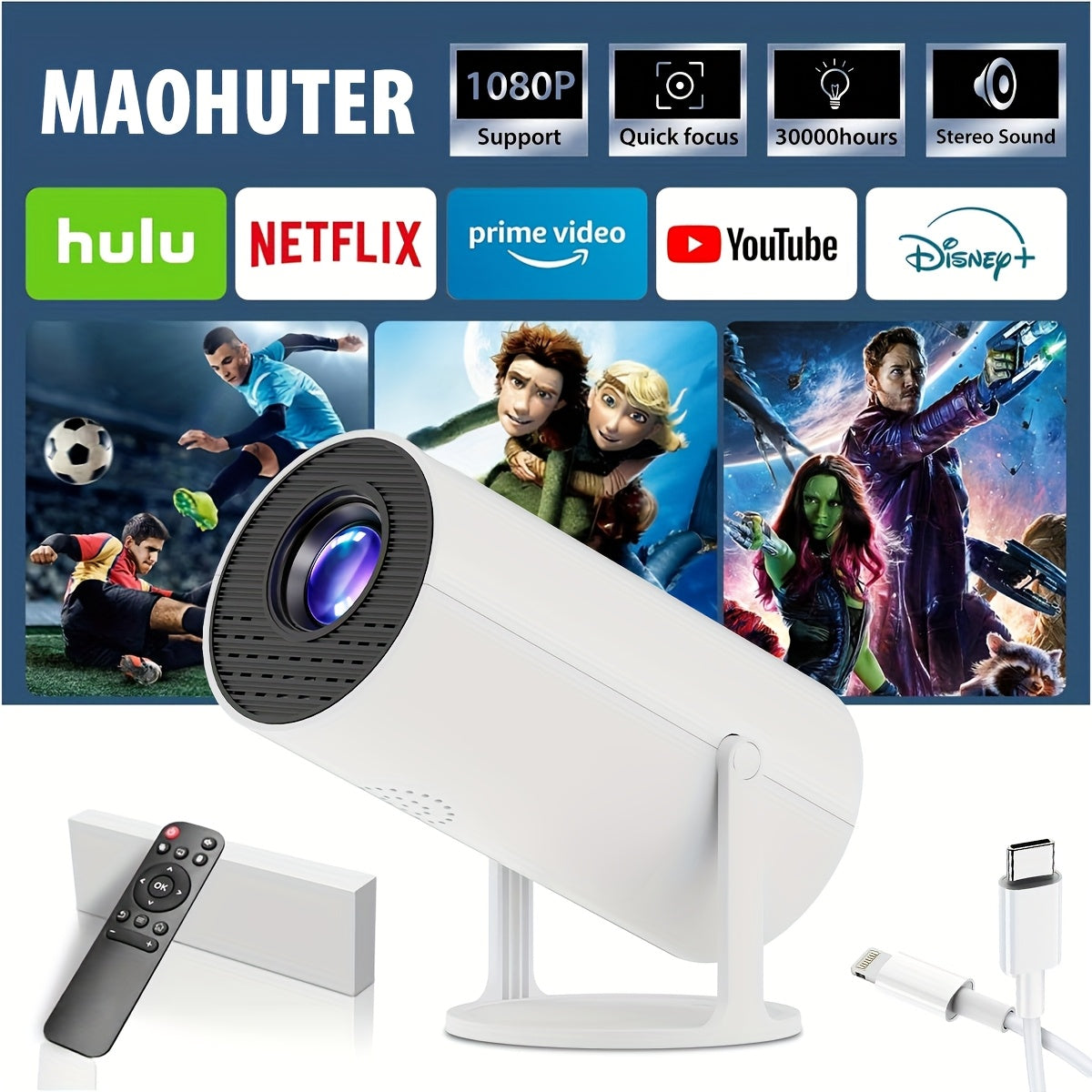 1080P Projector Portable Mini, Fast Focusing, Low Noise Design, Multi-Device Connection, Ideal for Camping, Home Theater, Travel, Office Use, Gift-Ready