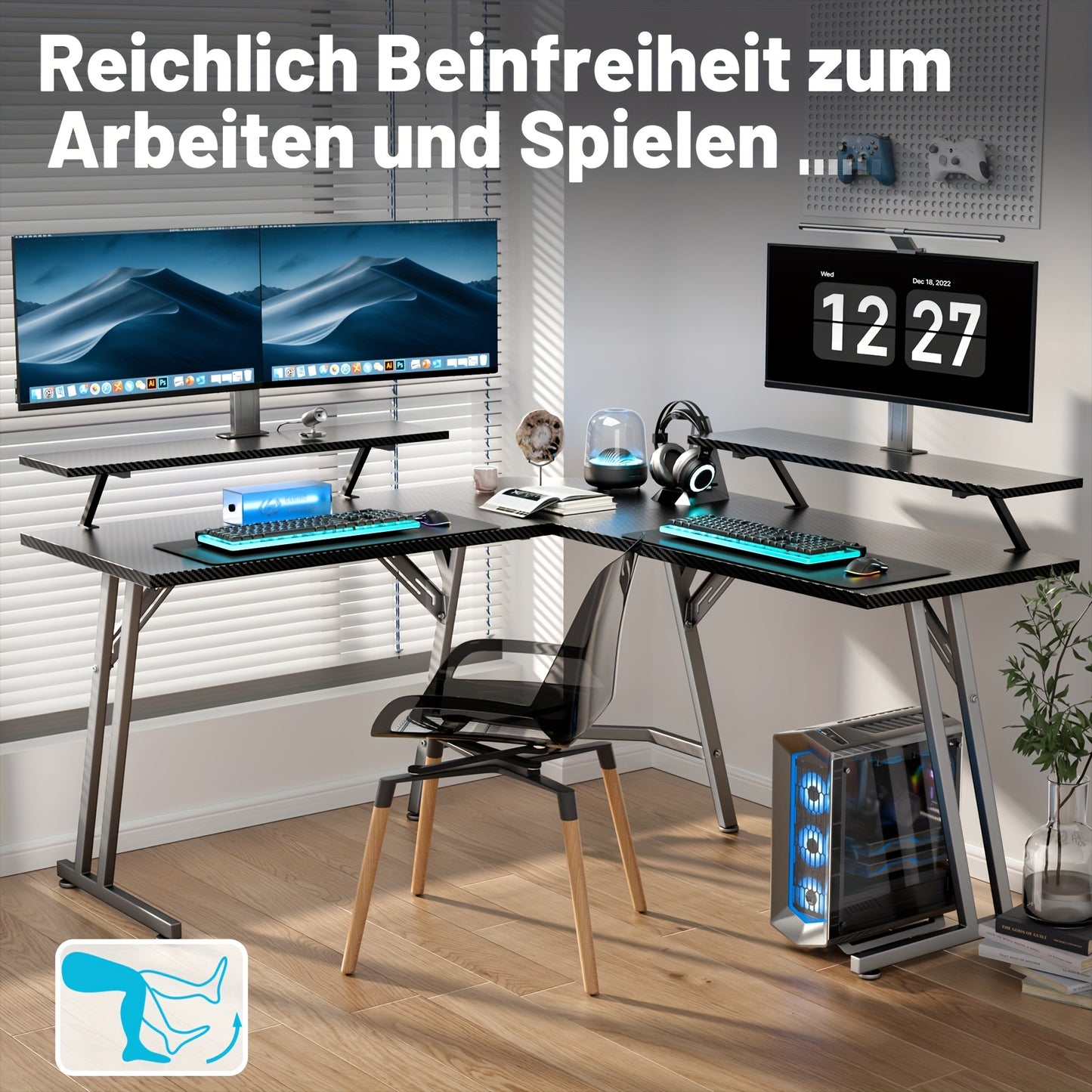 HLONONE 51-inch (130x130cm) Large L-Shaped Gaming Desk with RGB LED Lighting, USB-Powered Corner Computer Desk with Monitor Stand, Spacious Workstation for PC, Office & Study, Easy Assembly, Sturdy Hardwood-like Construction,