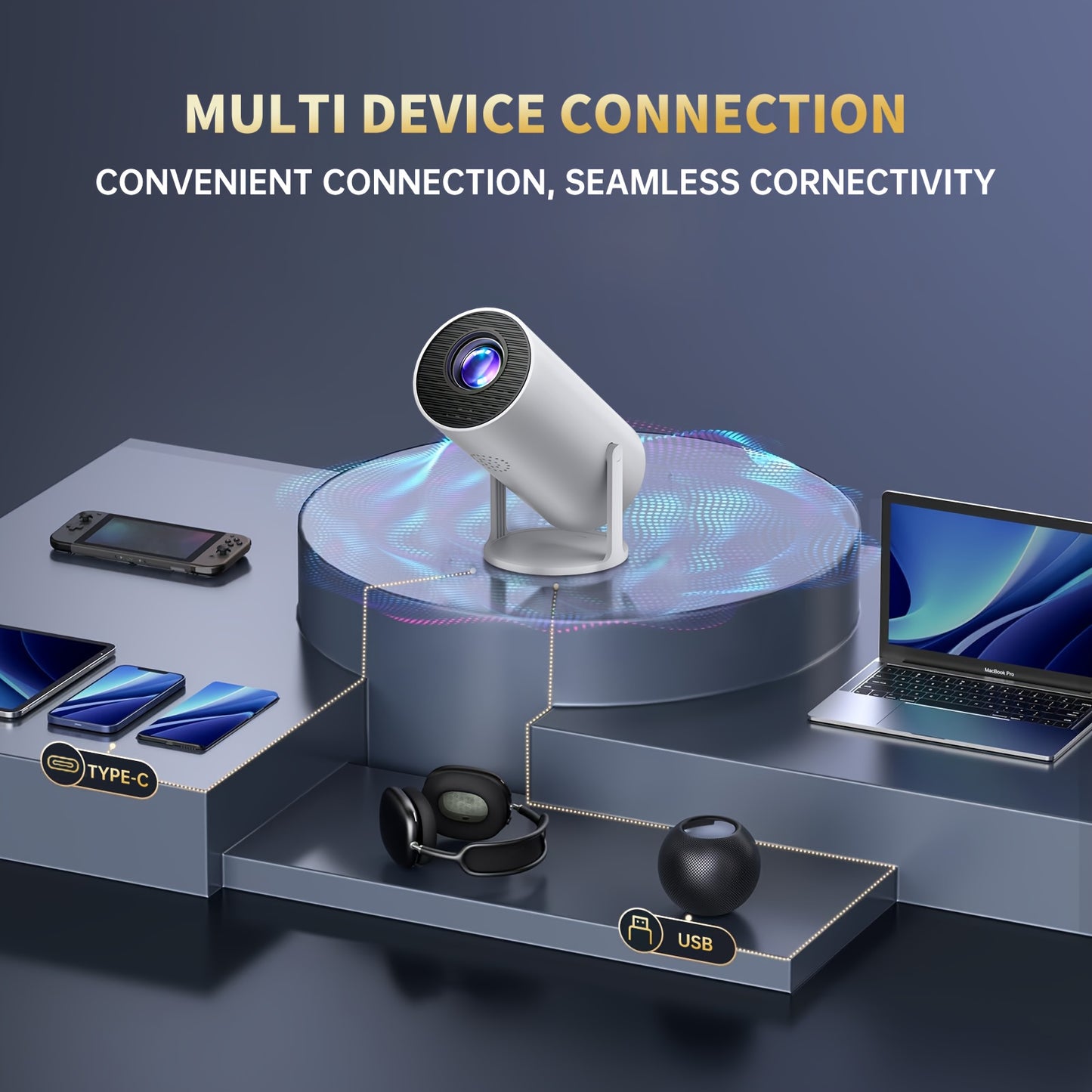 1080P Projector Portable Mini, Fast Focusing, Low Noise Design, Multi-Device Connection, Ideal for Camping, Home Theater, Travel, Office Use, Gift-Ready
