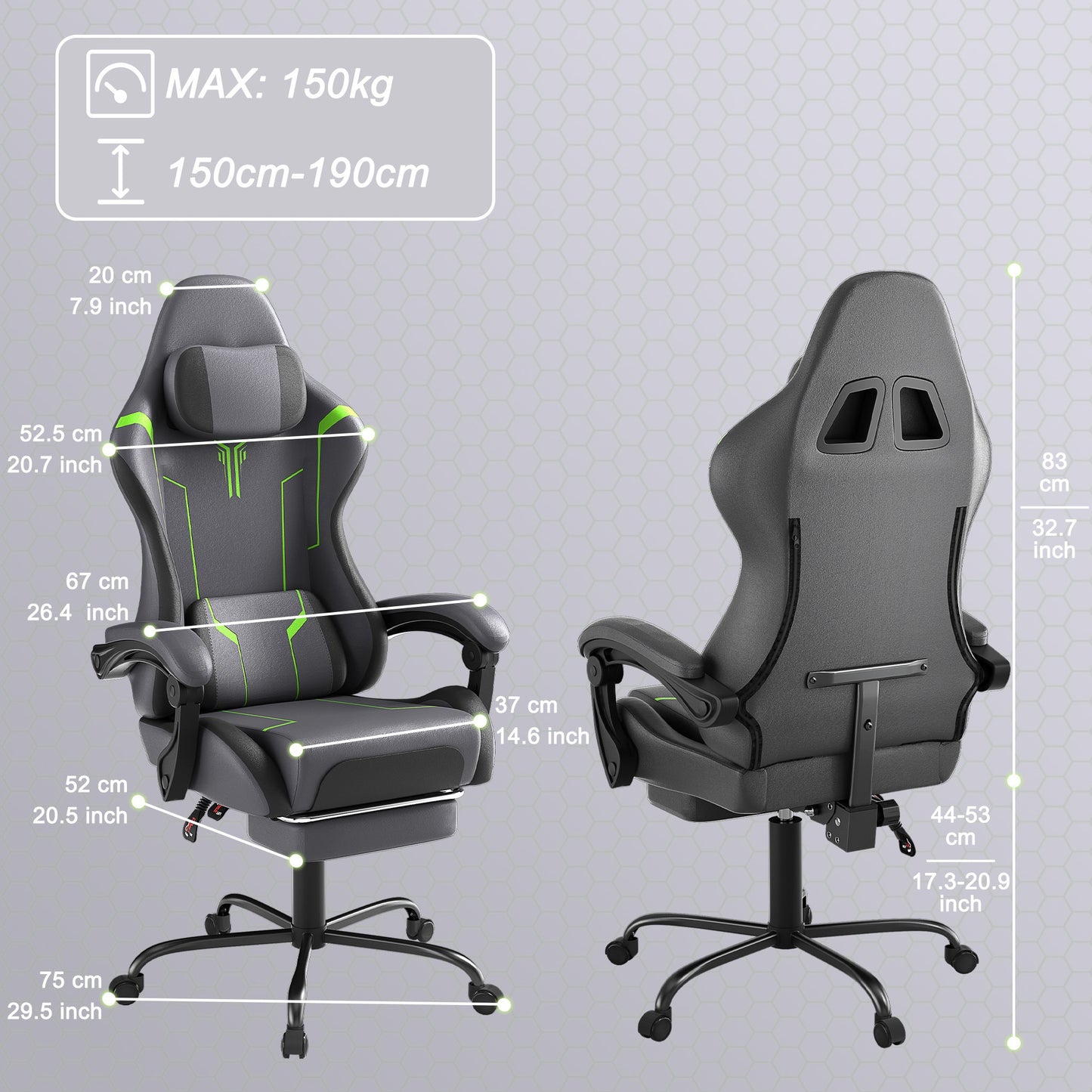 Gaming Chair Ergonomic With Adjustable Lumbar Cushion & Headrest Cushion & Armrests & Footrest Office Chair PC Computer Chair 135° Tilt Racing Gamer Chair, 150 Kg Load Capacity