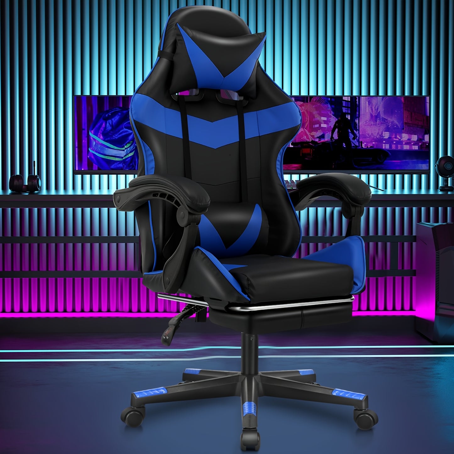 Ergonomic Gaming Chair - Black & Blue, Height Adjustable, Reclining Backrest, Swivel E-Sports Chair With Lumbar Support For Home & Office