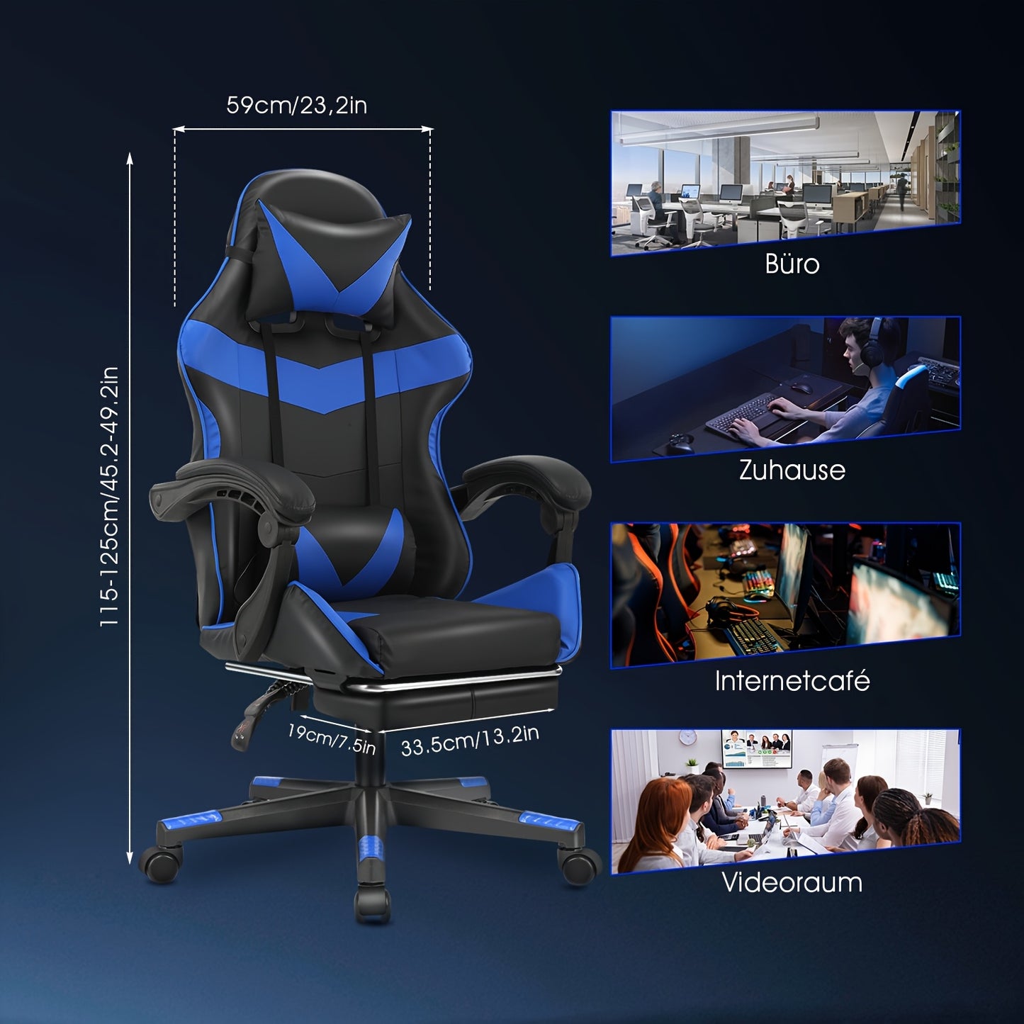 Ergonomic Gaming Chair - Black & Blue, Height Adjustable, Reclining Backrest, Swivel E-Sports Chair With Lumbar Support For Home & Office