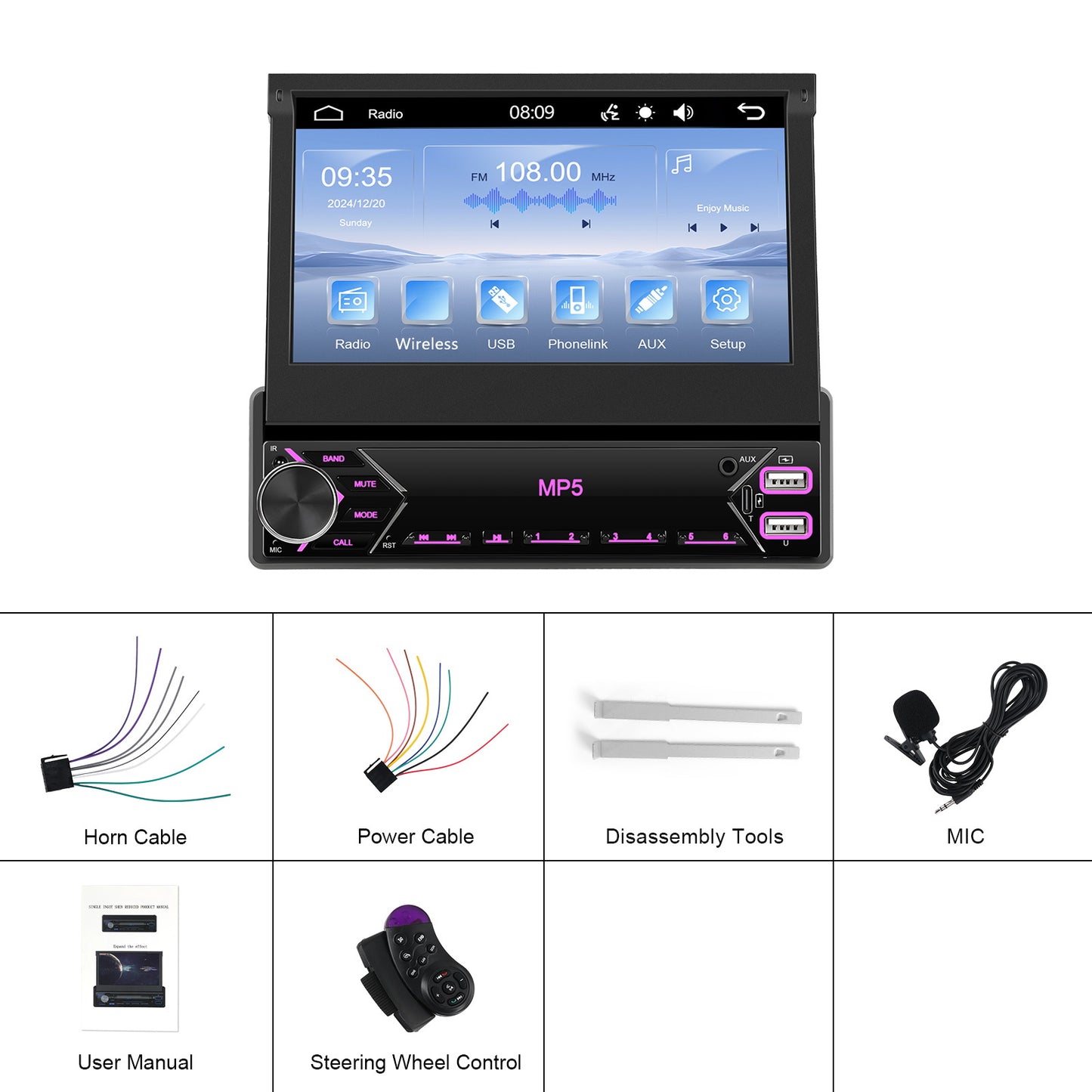 7-Inch EQ 1080P HD Retractable Display Car Stereo with microphones(free), Mirror Link, USB & AUX Inputs, FM Radio, SWC Colorful Backlight Calendar Viewing Calculator Car MP5 Car Multimedia Player Autoradio Connection Manual T