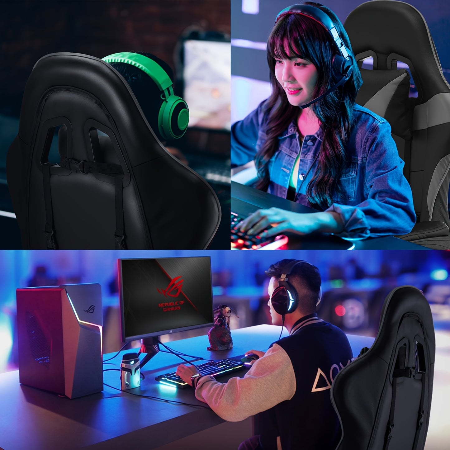 Kehot Gaming Chair with Massage Function, Adjustable Footrest & Foldable Base - Ergonomic Mesh Backrest, 360° Swivel, High-Density Foam Cushion - Black & Gray for Home Office & Gaming Setup, Gaming Chair for Desk, Office Com