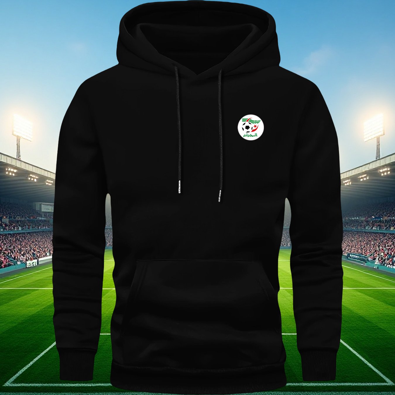Men'S Algeria National Team Inspired Hoodie - Thickened Winter Pullover with Kangaroo Pocket, Windproof Hooded Sweatshirt for Soccer Fans, Casual Sports Apparel in Black/Red/White Color Scheme - Ideal for Matches & Casual Att