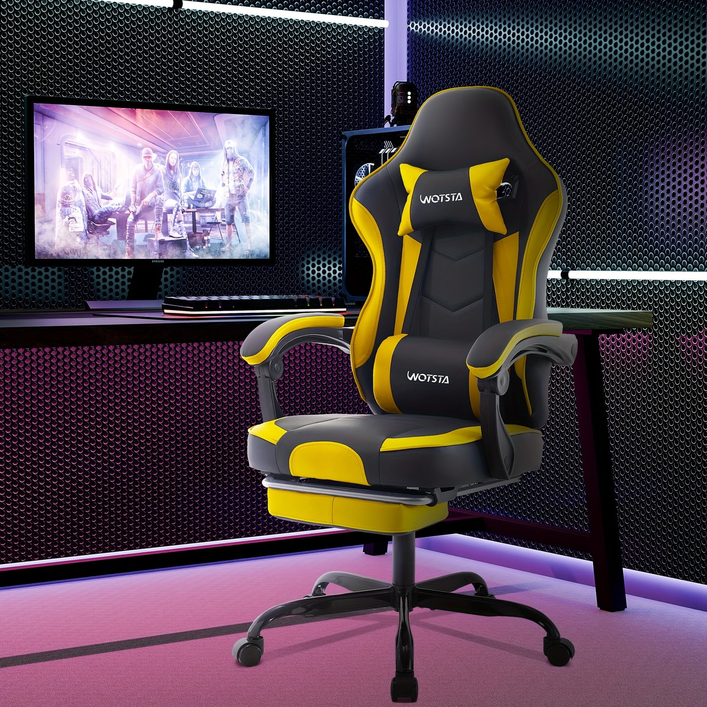Game Chair, Computer Chair, Ergonomic Game Chair With Foot Pedals, Office Chair, Ergonomic Computer Chair With Lumbar Support, Adjustable Height Gaming Chair, Available In Black, Yellow, Green