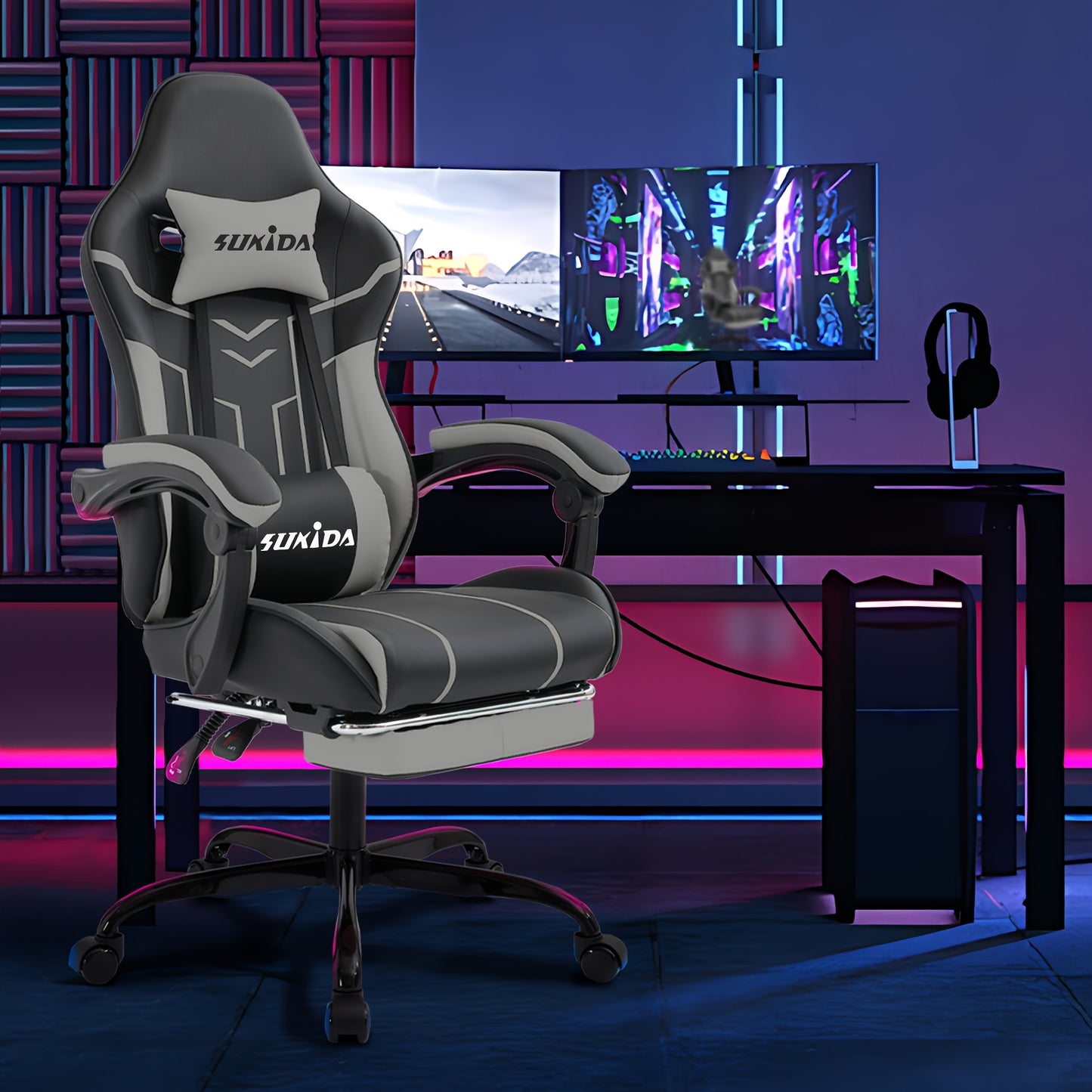 Game Chair With Footstool, Wide Seat Surface, Linked Armrests, High Back, Gaming Chair, PC Chair, 135 ° Lounge Chair, PC Gaming Chair, Silent Caster, Adjustable Height, Computer Chair, Learning Chair, Comfortable Sitting, Si