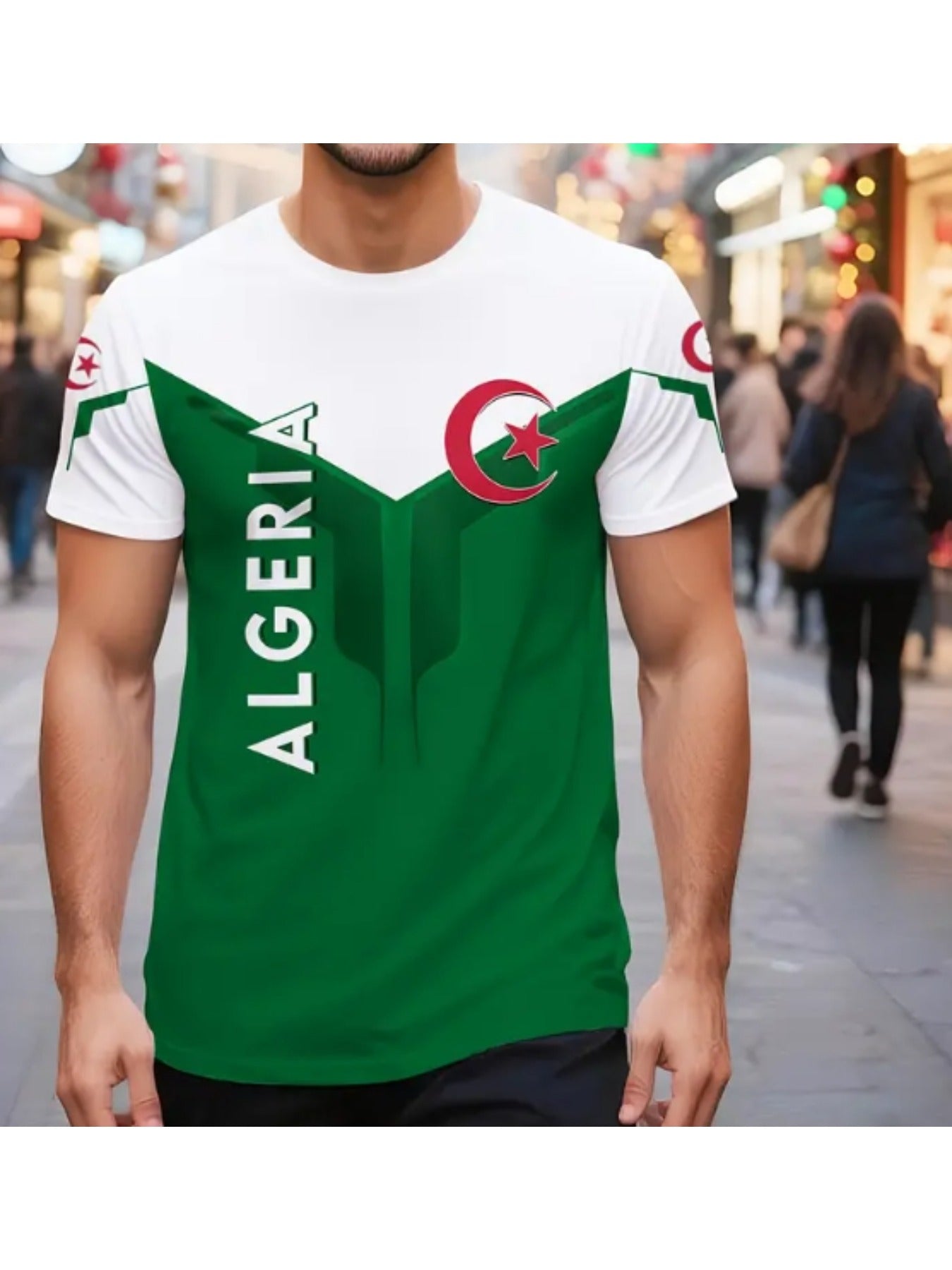 Men'S Algeria Soccer Jersey T-Shirt - Green & White 3D Print, Street Style Regular Fit, Breathable Fabric for Casual & Sporty Wear, Soccer Shirts, Fan Apparel, Bold Graphic Tee, Durable Fabric
