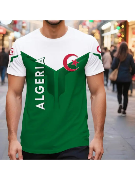 Men'S Algeria Soccer Jersey T-Shirt - Green & White 3D Print, Street Style Regular Fit, Breathable Fabric for Casual & Sporty Wear, Soccer Shirts, Fan Apparel, Bold Graphic Tee, Durable Fabric