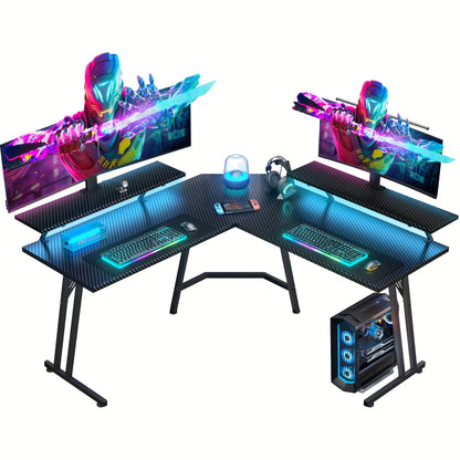 HLONONE 51-inch (130x130cm) Large L-Shaped Gaming Desk with RGB LED Lighting, USB-Powered Corner Computer Desk with Monitor Stand, Spacious Workstation for PC, Office & Study, Easy Assembly, Sturdy Hardwood-like Construction,