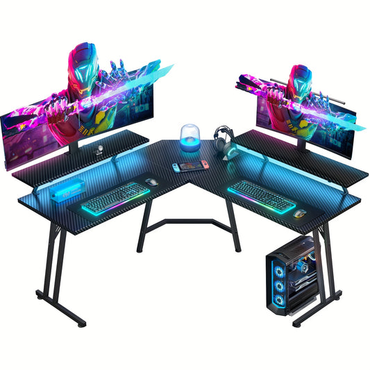 HLONONE 51-inch (130x130cm) Large L-Shaped Gaming Desk with RGB LED Lighting, USB-Powered Corner Computer Desk with Monitor Stand, Spacious Workstation for PC, Office & Study, Easy Assembly, Sturdy Hardwood-like Construction,