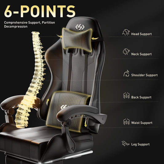 HLDIRECT Gaming Chair, Ergonomic Gaming Chair with Pocket Spring Cushion, Racing Gamer Chair with Footrest, Lumbar Support, Adjustable Office Chair 150kg Load Capacity, PC Chair, Gaming Recliner, Gaming Setup Accessories, Gam