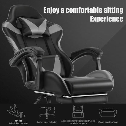 Kehot Gaming Chair with Massage Function, Adjustable Footrest & Foldable Base - Ergonomic Mesh Backrest, 360° Swivel, High-Density Foam Cushion - Black & Gray for Home Office & Gaming Setup, Gaming Chair for Desk, Office Com