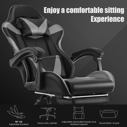 Kehot Gaming Chair with Massage Function, Adjustable Footrest & Foldable Base - Ergonomic Mesh Backrest, 360° Swivel, High-Density Foam Cushion - Black & Gray for Home Office & Gaming Setup, Gaming Chair for Desk, Office Com