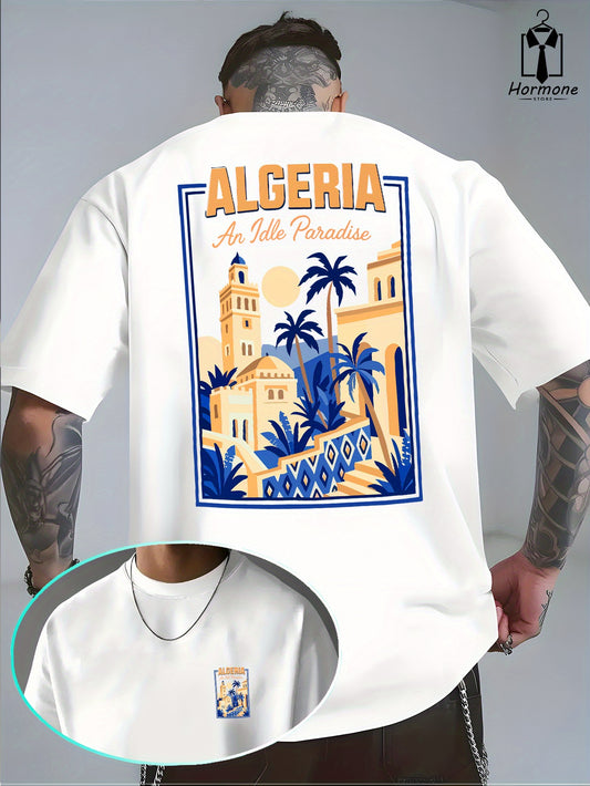 Men'S Algeria Poster Graphic T-Shirt - Pastel Pink Vintage Travel Tee, Lightweight Summer Shirt for Everyday & Vacation Outfits - North African Tourism Apparel, Casual Round Neck, Comfortable Fit, Breathable Fabric, Retro Des