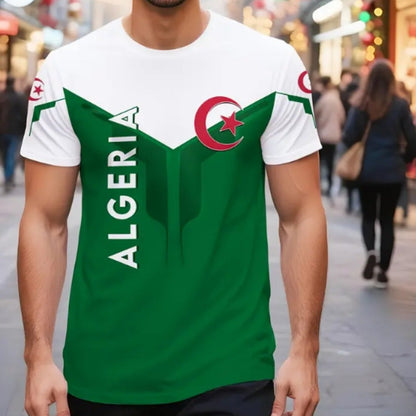 Men'S Algeria Soccer Jersey T-Shirt - Green & White 3D Print, Street Style Regular Fit, Breathable Fabric for Casual & Sporty Wear, Soccer Shirts, Fan Apparel, Bold Graphic Tee, Durable Fabric