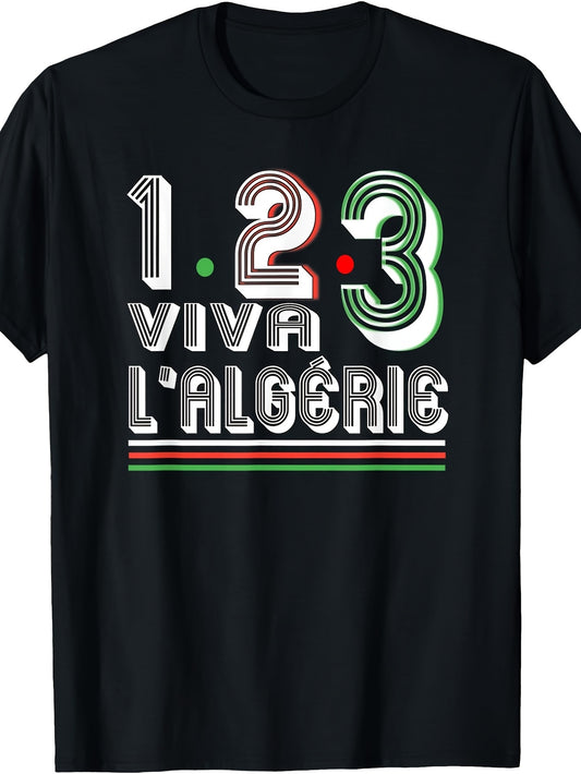 Men'S Algeria Football Fan T-Shirt - 1 2 3 Viva Algeria Graphic Print, Black with Green and Red Accents, Comfortable Cut, Crew Neck Short Sleeve T-Shirt, Great for Casual Wear and Sporting Events, Perfect Gift, Collectible T-
