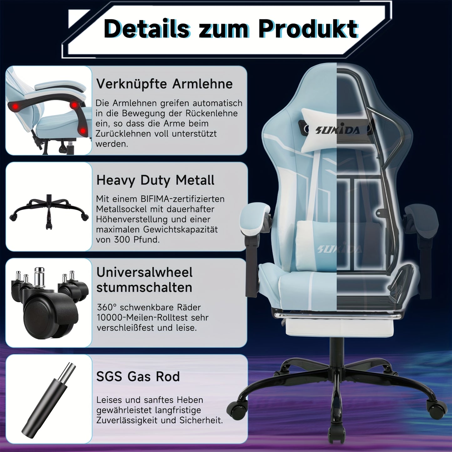 Game Chair With Footstool, Wide Seat Surface, Linked Armrests, High Back, Gaming Chair, PC Chair, 135 ° Lounge Chair, PC Gaming Chair, Silent Caster, Adjustable Height, Computer Chair, Learning Chair, Comfortable Sitting, Si