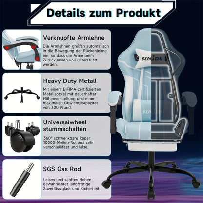 Game Chair With Footstool, Wide Seat Surface, Linked Armrests, High Back, Gaming Chair, PC Chair, 135 ° Lounge Chair, PC Gaming Chair, Silent Caster, Adjustable Height, Computer Chair, Learning Chair, Comfortable Sitting, Si