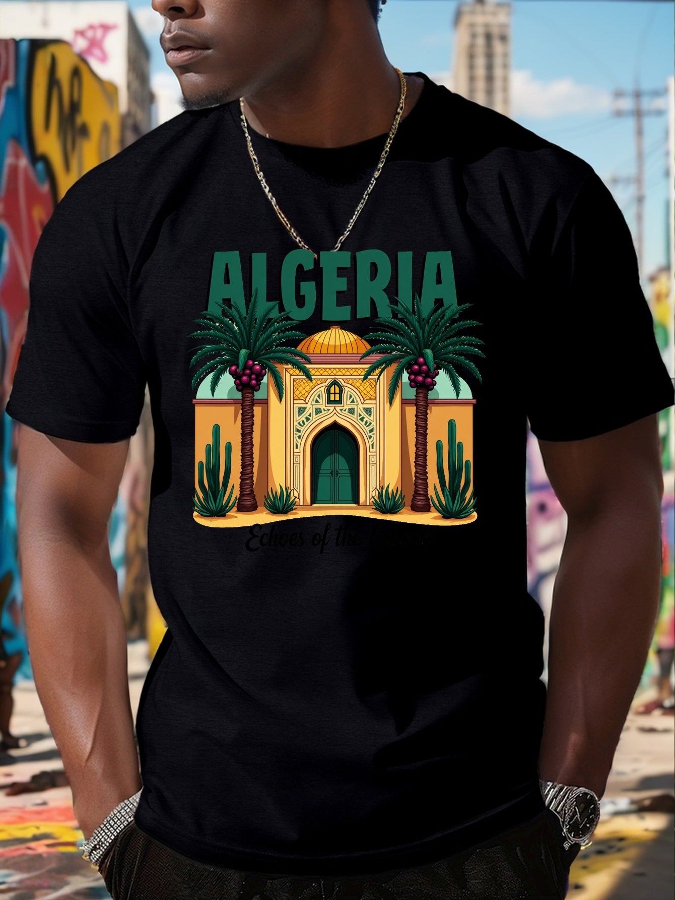 Men's Algeria Casbah Mosaic Architecture Print T-Shirt - Vibrant Geometric Cultural Design, Breathable Short Sleeve Summer Tee, Regular Fit Casual Top, Machine Washable, Streetwear Fashion, Artistic Tee, Durable Construction,