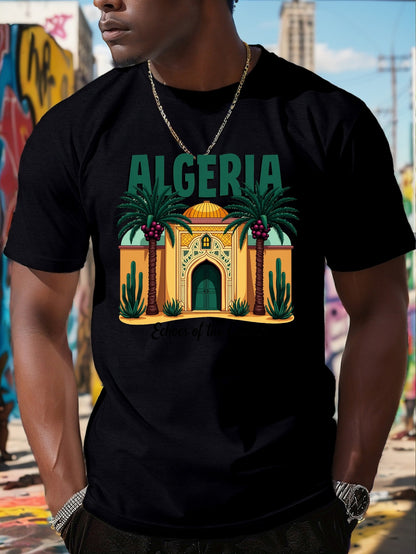 Men's Algeria Casbah Mosaic Architecture Print T-Shirt - Vibrant Geometric Cultural Design, Breathable Short Sleeve Summer Tee, Regular Fit Casual Top, Machine Washable, Streetwear Fashion, Artistic Tee, Durable Construction,