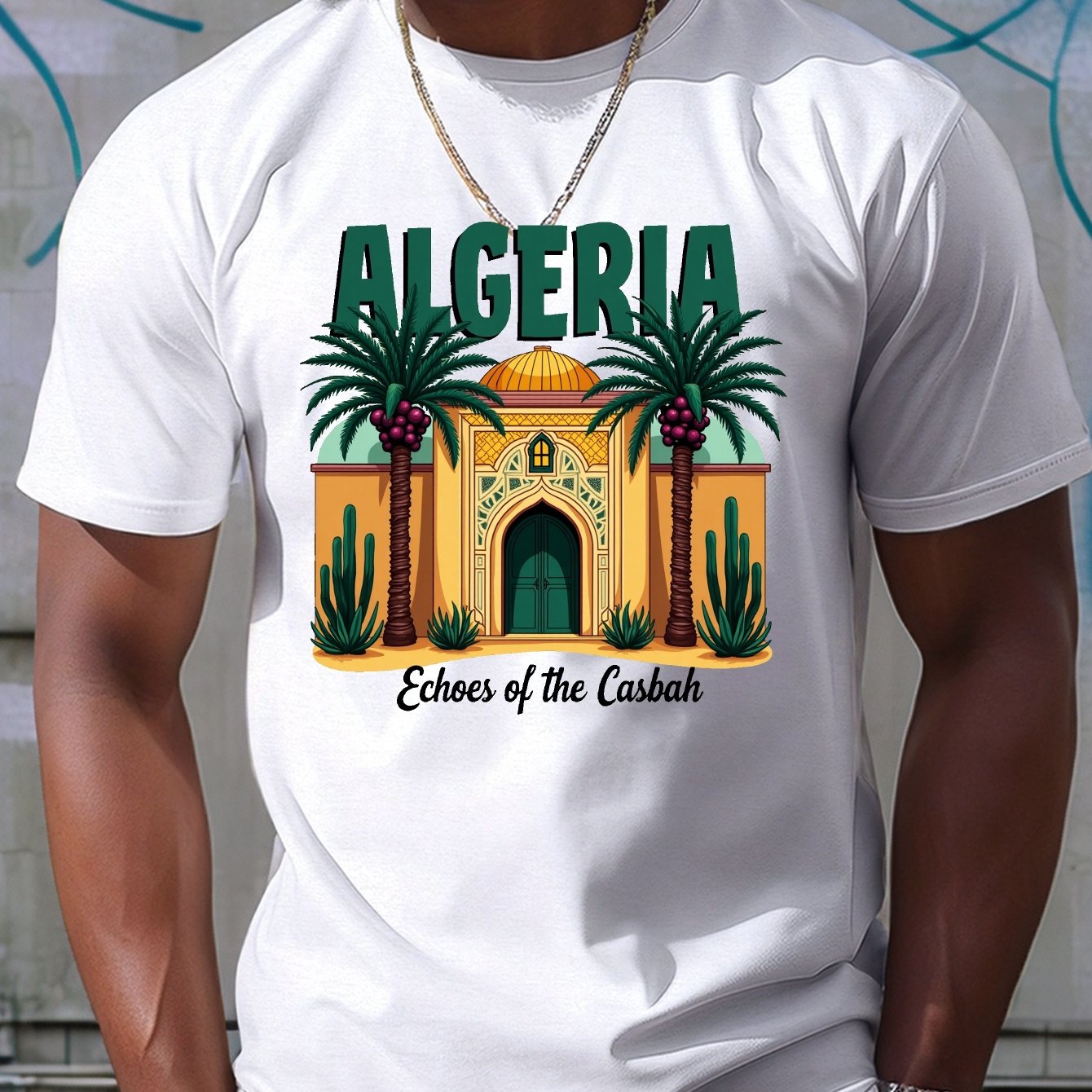 Men's Algeria Casbah Mosaic Architecture Print T-Shirt - Vibrant Geometric Cultural Design, Breathable Short Sleeve Summer Tee, Regular Fit Casual Top, Machine Washable, Streetwear Fashion, Artistic Tee, Durable Construction,