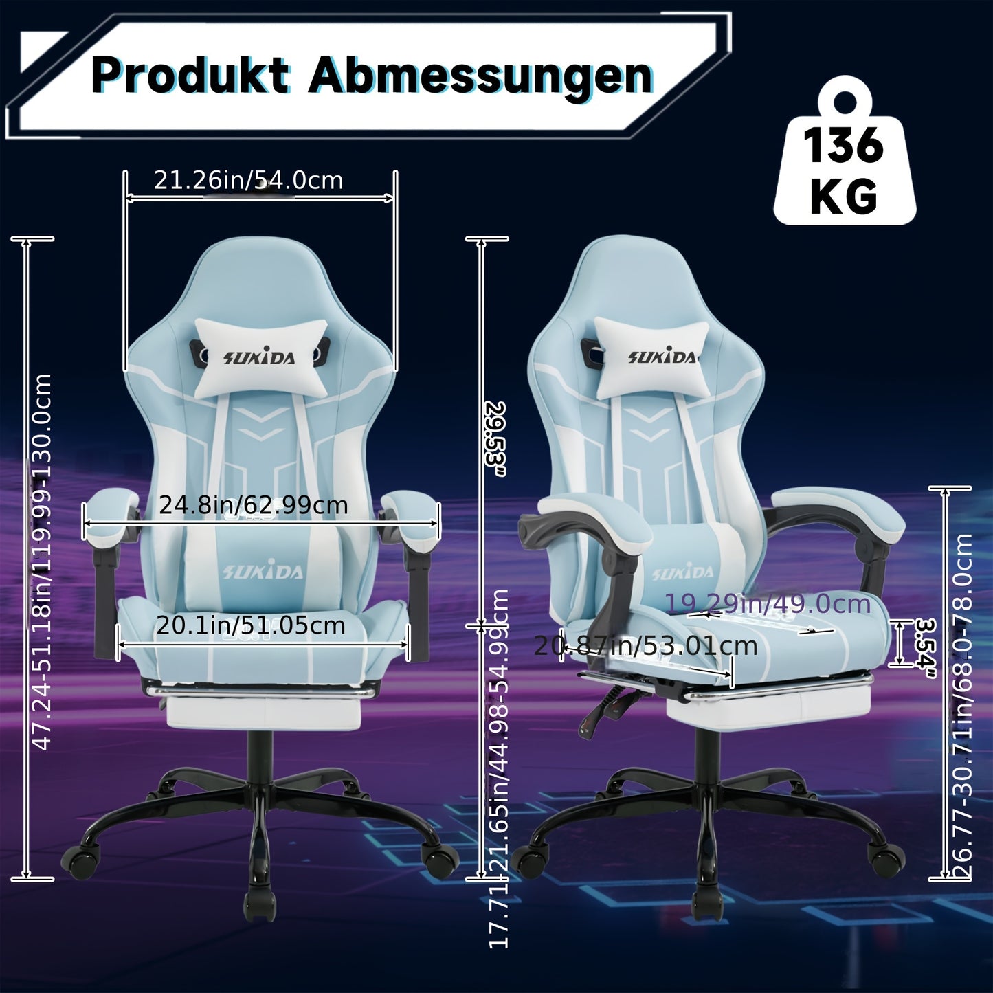Game Chair With Footstool, Wide Seat Surface, Linked Armrests, High Back, Gaming Chair, PC Chair, 135 ° Lounge Chair, PC Gaming Chair, Silent Caster, Adjustable Height, Computer Chair, Learning Chair, Comfortable Sitting, Si