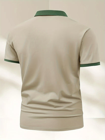 2pcs Men's Algerian Football Team Logo Shirts - Breathable Quick-Dry Moisture-Wicking, Contrast Trim Casual & Business Casual Short Sleeve Tops for Golf, Outdoor, Summer (Light Beige & Dark Grey), Outdoor Golf Apparel, Moistu